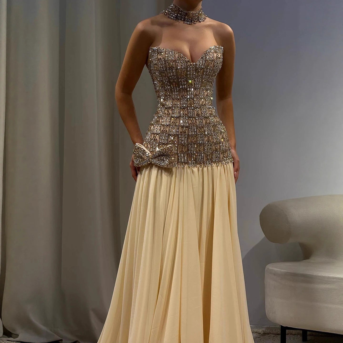 Luxury Champagne A-Line Crystal Beaded Evening Dress LA73361
