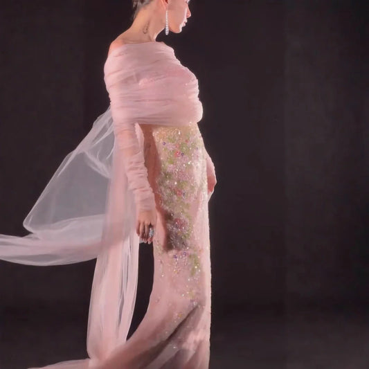 Luxury Pink Beaded Mermaid Evening Dress with Sheer Cape LA73346
