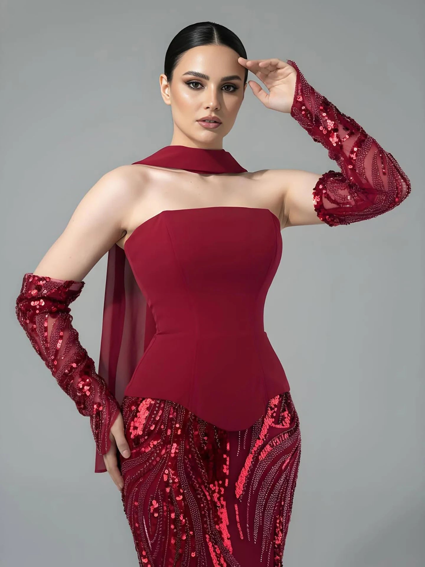 Luxuriöses weinrotes Meerjungfrauen-Abendkleid mit Handschuhen LA73050E