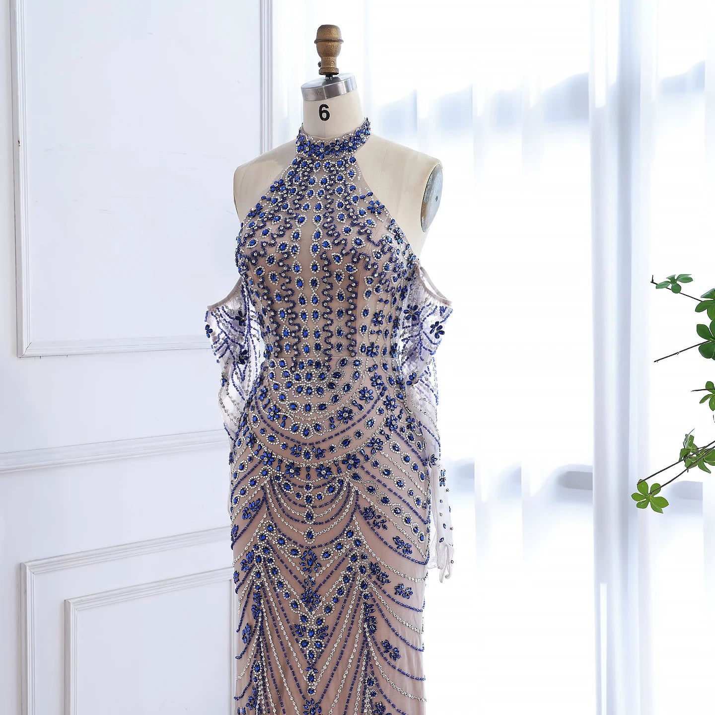 Luxury Kosovo Blue Evening Dress With Gloves LA72760C