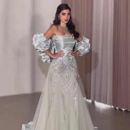 Luxury Sage Green Beaded Mermaid Evening Dress with Balloon Sleeves LA73201