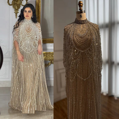 Luxury Silver Nude Beaded Mermaid Evening Dress with Cape LA72484A