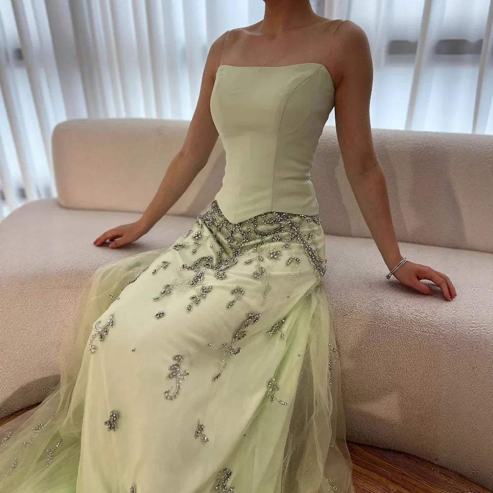 Elegant Sage Green Beaded A-Line Evening Dress Gown LA72809