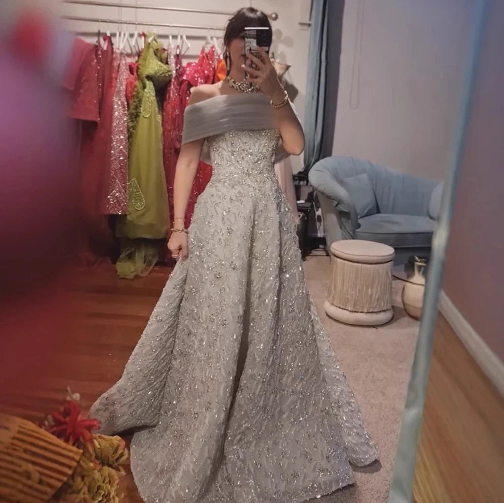 Glamorous Silver Gray Off-Shoulder Beaded Evening Dress LA73062