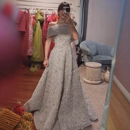 Glamorous Silver Gray Off-Shoulder Beaded Evening Dress LA73062
