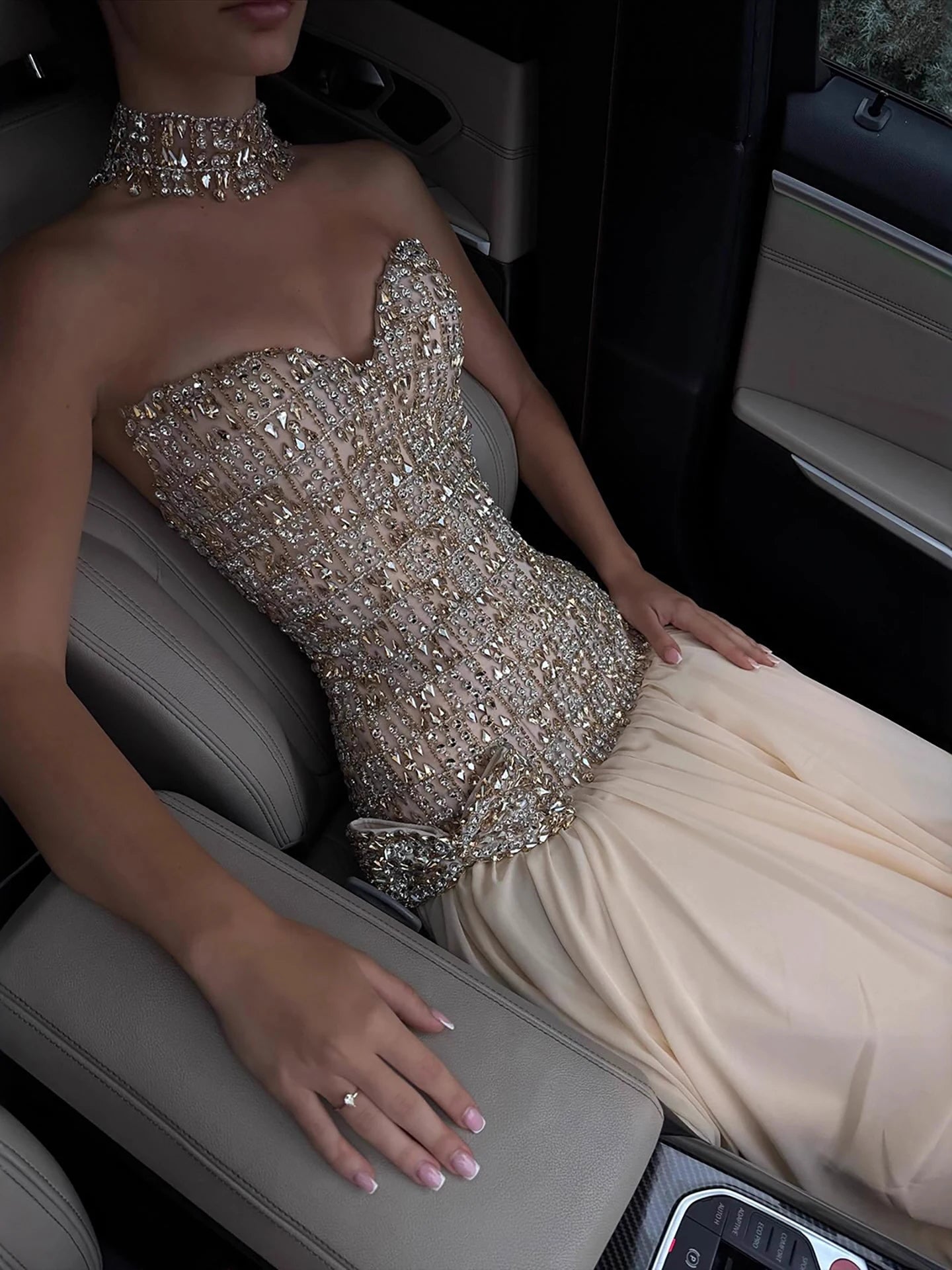 Luxury Champagne A-Line Crystal Beaded Evening Dress LA73361