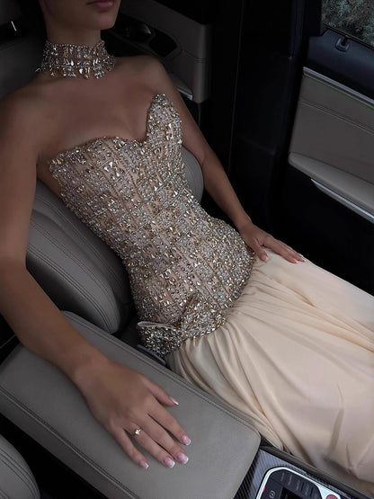 Luxury Champagne A-Line Crystal Beaded Evening Dress LA73361