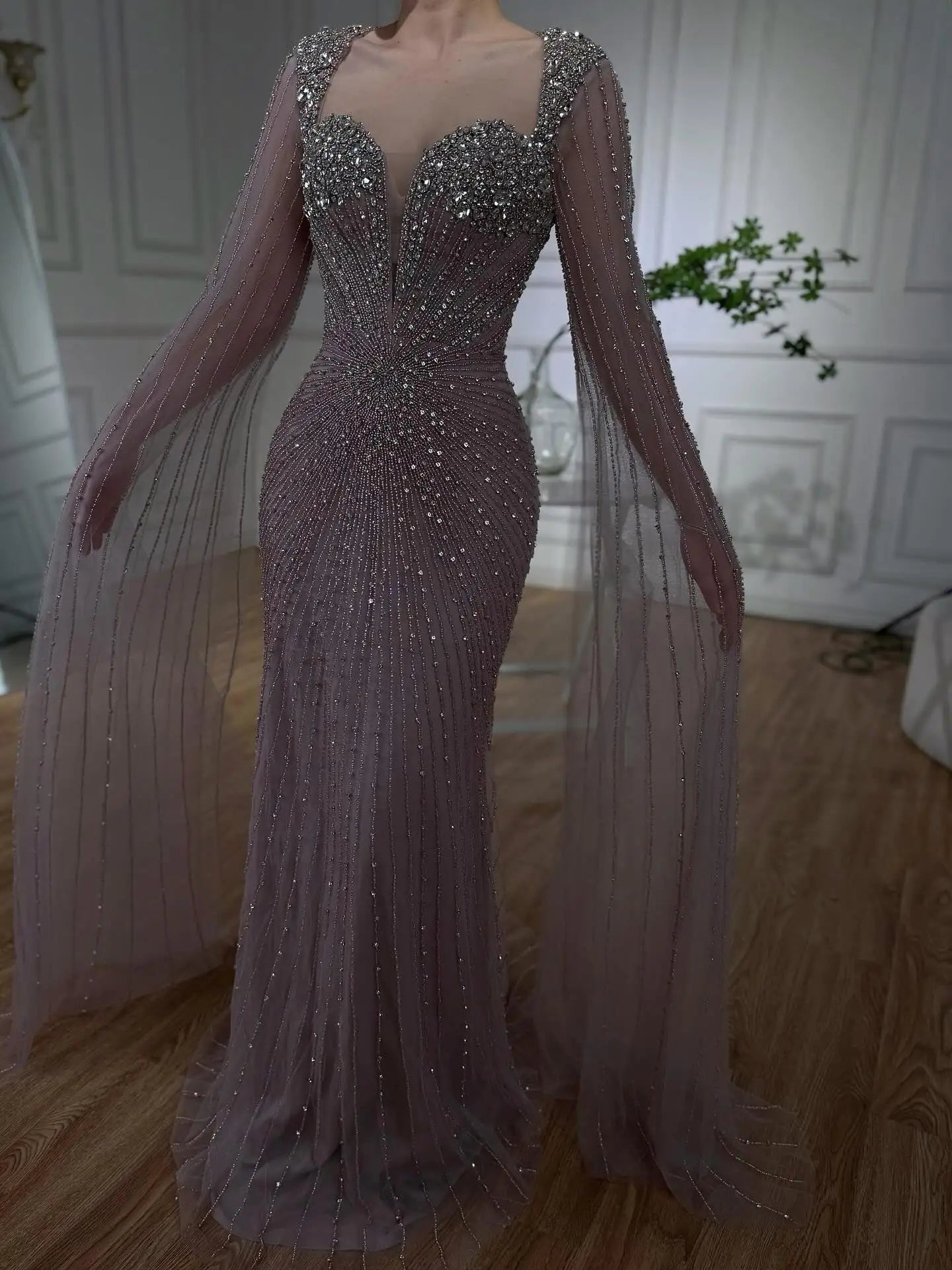 Luxury Caramel Crystal Beaded Mermaid Evening Dress with Cape LA72575D