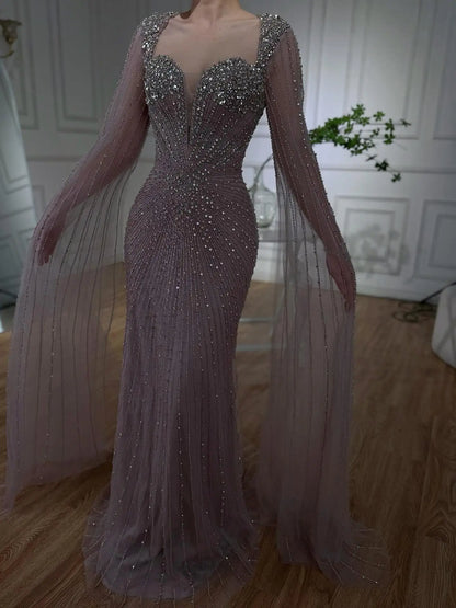 Luxury Caramel Crystal Beaded Mermaid Evening Dress with Cape LA72575D