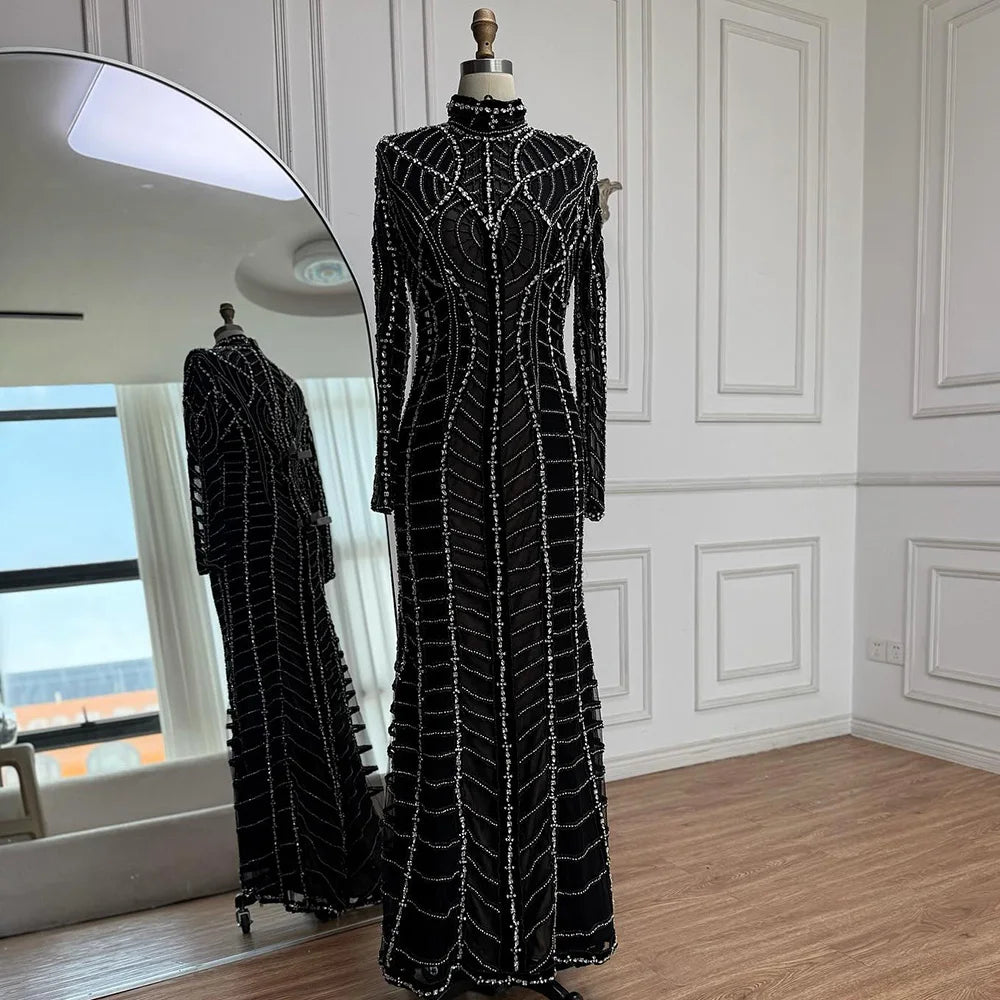 Muslim Luxury Black Beaded Saudi Arabic Mermaid Evening Dress LA72931