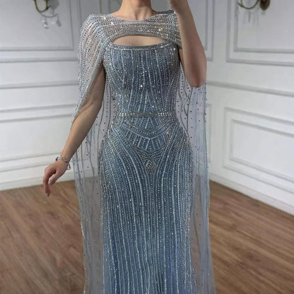 Luxury Blue Diamond Evening Dress With Cape LA73426