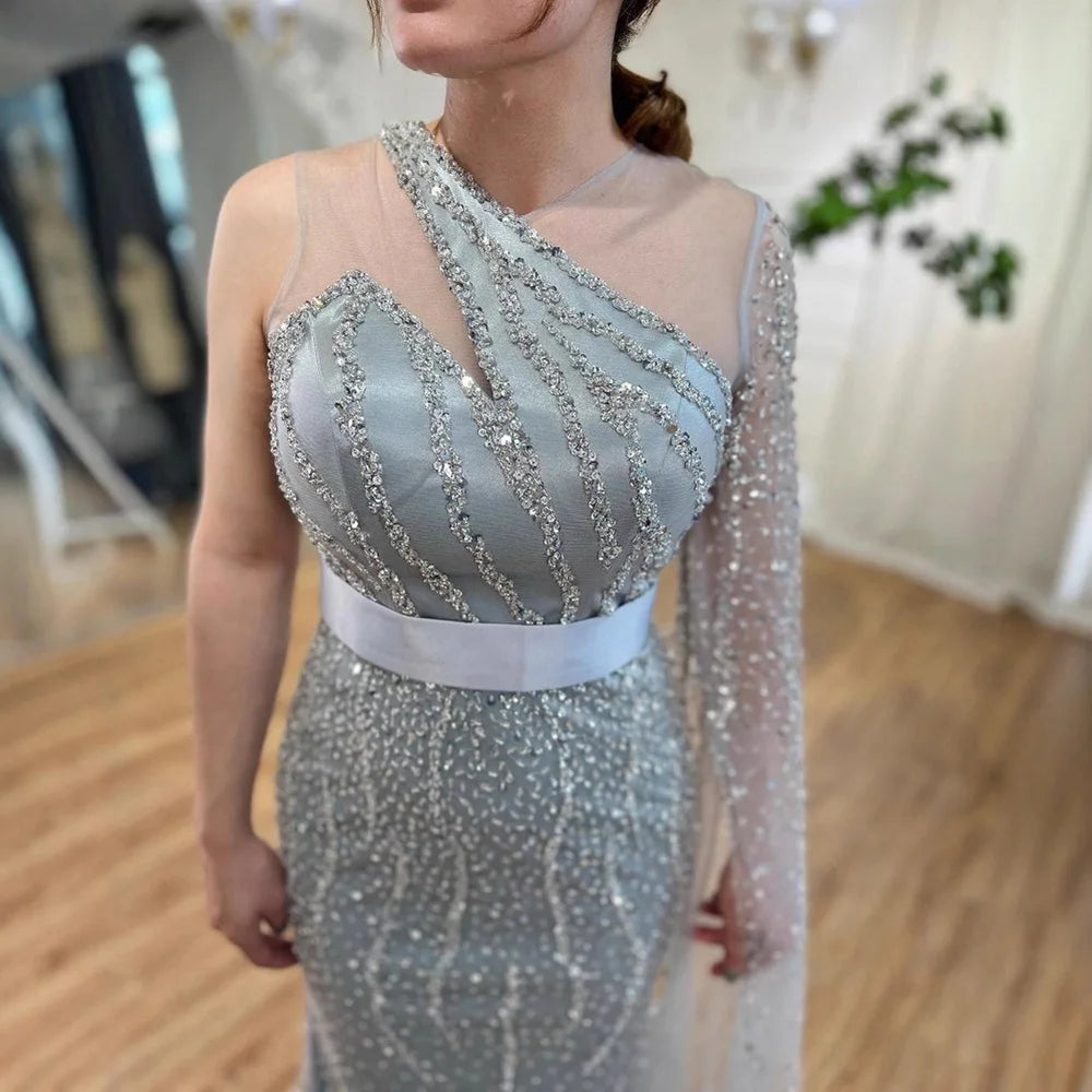 Elegant Nude One Shoulder Feather Beaded Mermaid Evening Dress LA71096