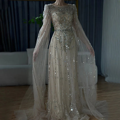 Luxury Designer Blue Beaded Stone Arabic Evening Dress With Cape Sleeve  LA72635