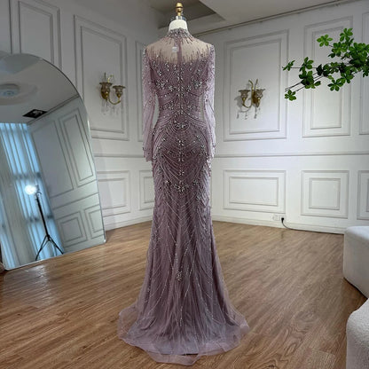 Luxury Pink Beaded Mermaid Evening Dress Long Sleeve LA73158