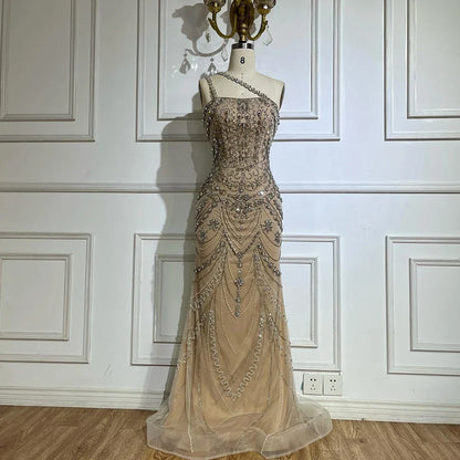 Luxury Dubai  Elegant Nude One Shoulder Beaded Evening Dresses Gowns for Formal Occasion  LA72791