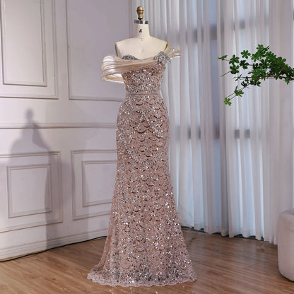 Luxury Nude Beaded Off Shoulder Mermaid Evening Dress LA73365A