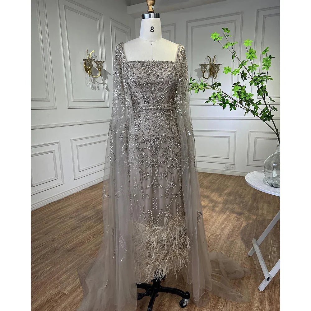 Dubai Luxury Feathers Lilac Evening Dress with Cape Sleeves LA71841