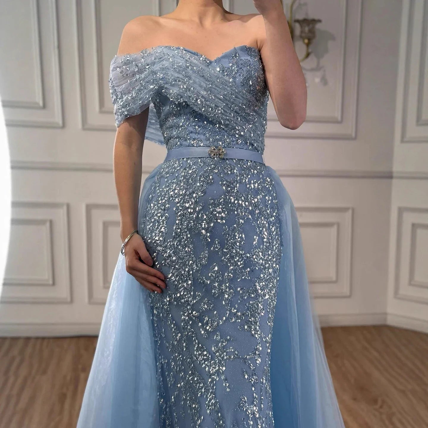 Luxury Arabic Blue One Shoulder Mermaid Evening Dress LA73378