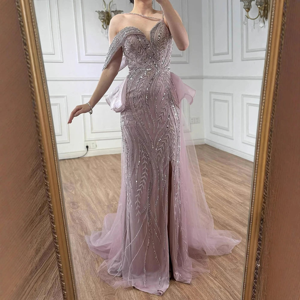 Luxury Nude Beaded Mermaid Evening Gown with Overskirt Split LA72890