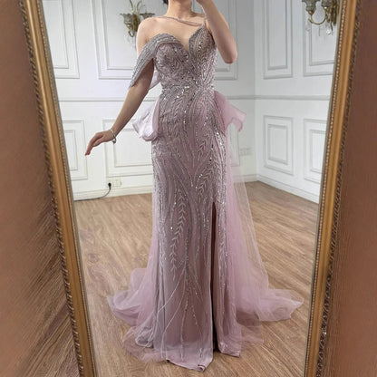 Luxury Nude Beaded Mermaid Evening Gown with Overskirt Split LA72890