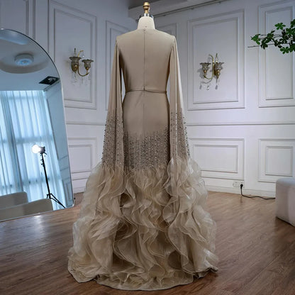 Elegant Nude Beaded Evening Dress with Cape Sleeves LA72317C