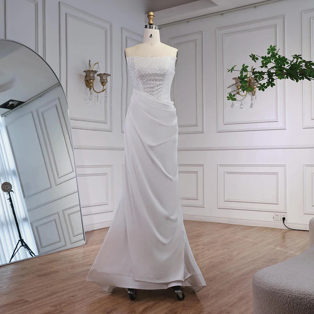 White   Beaded Evening Dress with Detachable Sleeves LA72293A