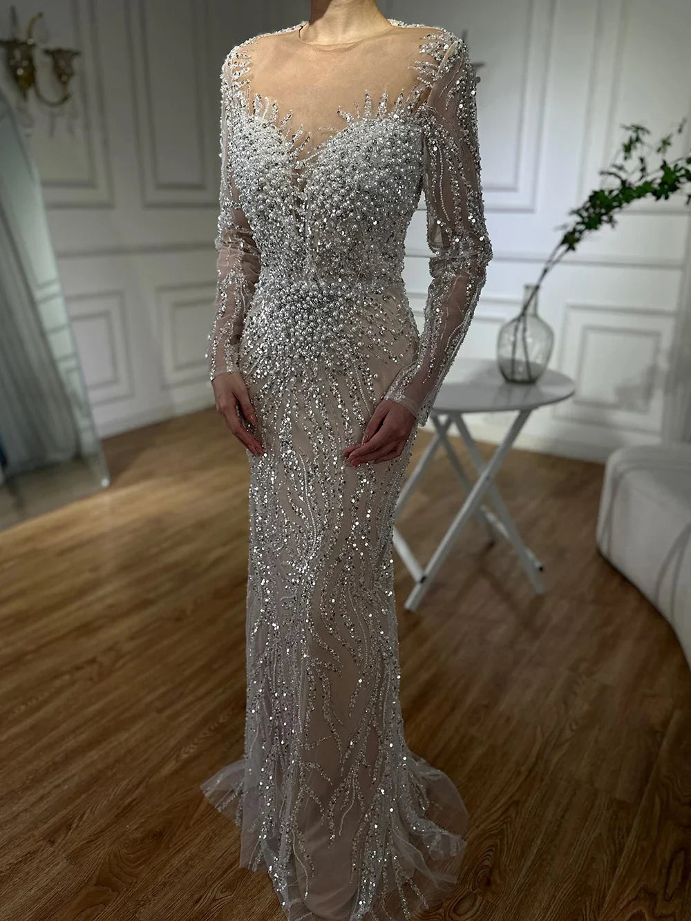 Luxury Dubai White Nude Mermaid Evening Dress With  Long Sleeve LA72634