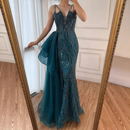 Luxury Green Spaghetti Strap Beaded Mermaid Evening Dress with Overskirt LA72378B