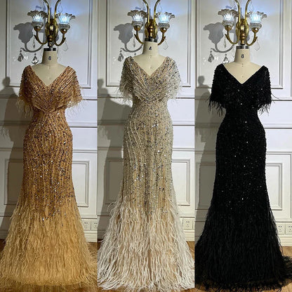 Luxury White Nude Beaded Feather Mermaid Evening DressLA72837