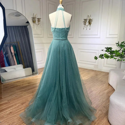 Luxury Arabic Blue Sequin Tassel Halter A Line Evening Dress LA72227