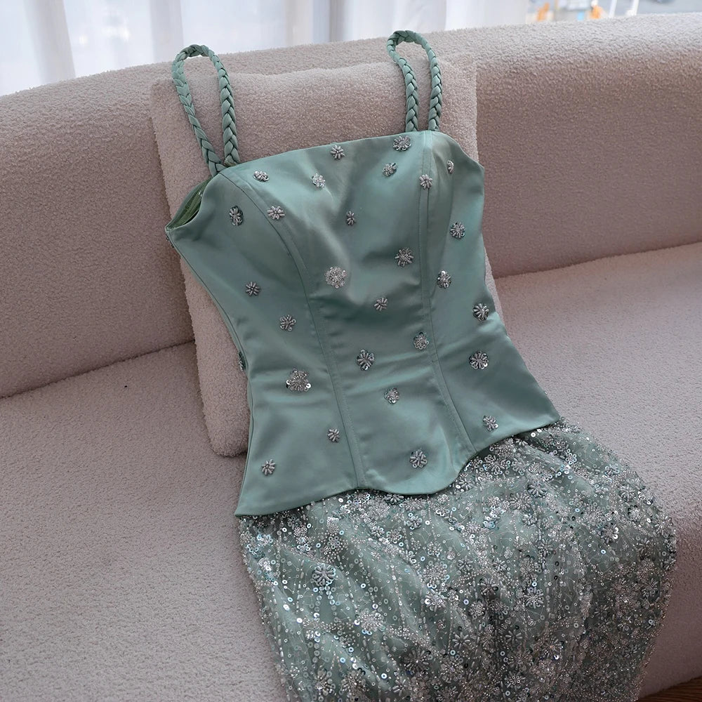 Luxury Sage Green Beaded 1 Pieces Evening Dress LA72977