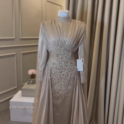 Luxury Caramel Crystal Beaded Mermaid Muslim Evening Dress LA73427