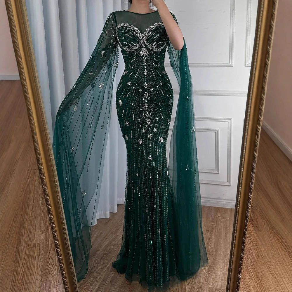 Luxury Green Beaded Mermaid Dress with Cape Sleeves LA73115