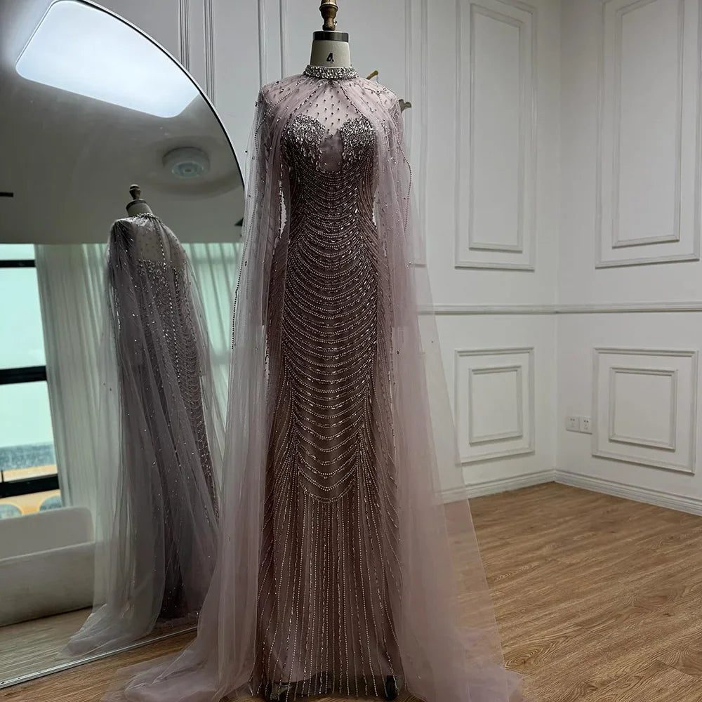 Luxury Pink Beaded Cape Sleeve Arabic Evening Dress LA73134