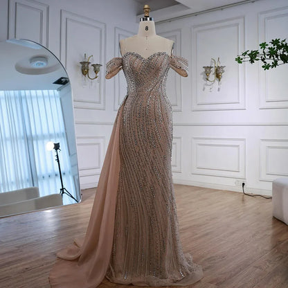 Luxury Nude Beaded Mermaid Evening Dress with Overskirt LA72911