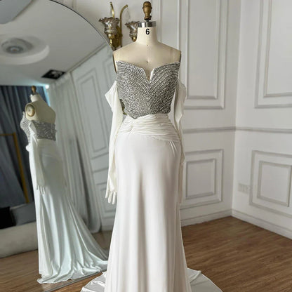 Luxury Dubai  Elegant White Arabic Evening Gown with Crystal Beaded Dress and Gloves for Formal Occasion LA72758