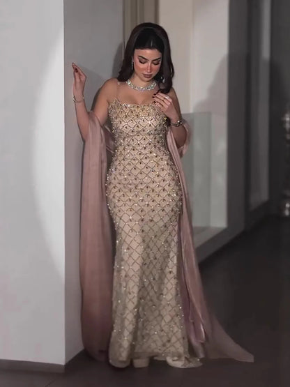 Luxury Pink Beaded Mermaid Evening Dress with Cape LA73366