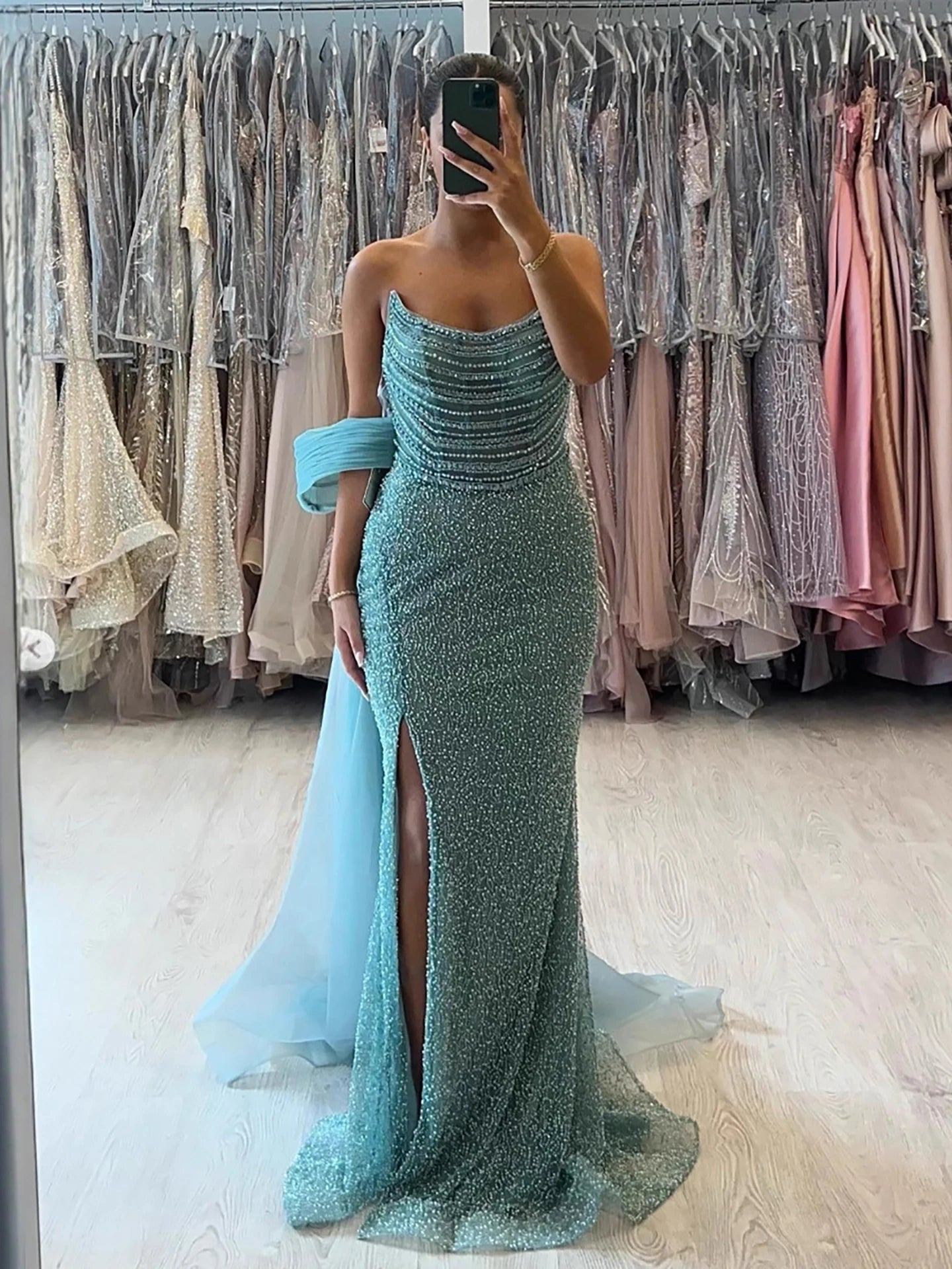 Luxury Evening Dress Nude BeadedSheath Gown With Tulle Train LA73388