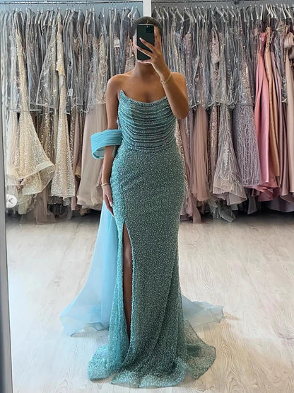 Luxury Evening Dress Nude BeadedSheath Gown With Tulle Train LA73388