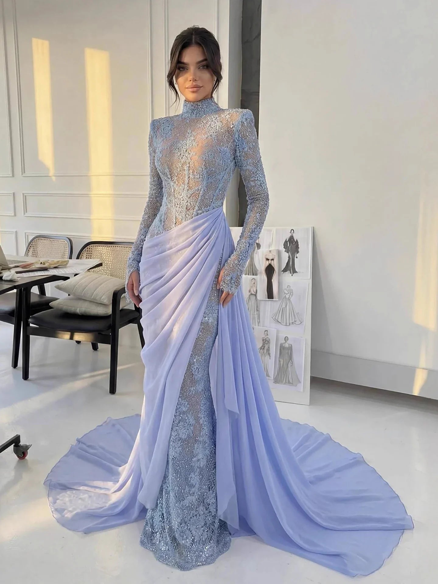 Luxury Blue High Neck Long Sleeves Beaded Mermaid Evening Dress LA73407