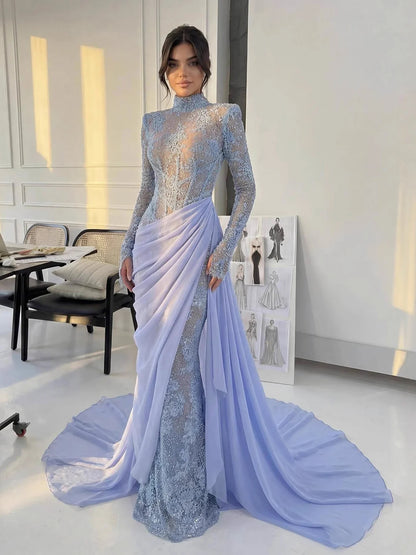 Luxury Blue High Neck Long Sleeves Beaded Mermaid Evening Dress LA73407