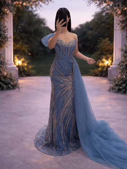 Luxury Blue Crystal Beaded One Shoulder Mermaid Evening Dress LA73425