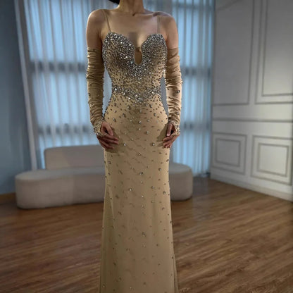 Luxury Nude Beaded Dress with Detachable Sleeves LA73065