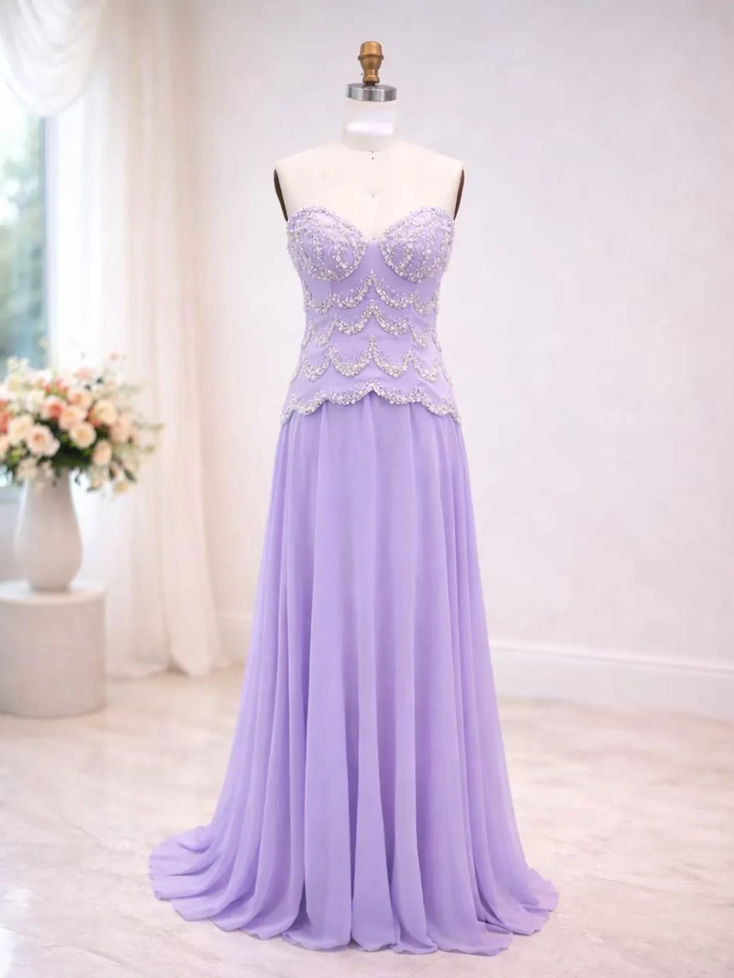 Luxury Lilac Pearl Beaded Two Pieces Evening Dress with Cape LA73327A