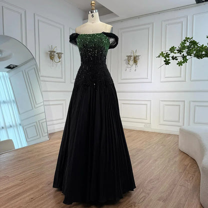 Luxury Beaded Black Green Off Shoulder Dubai Evening Dress for Party LA72406