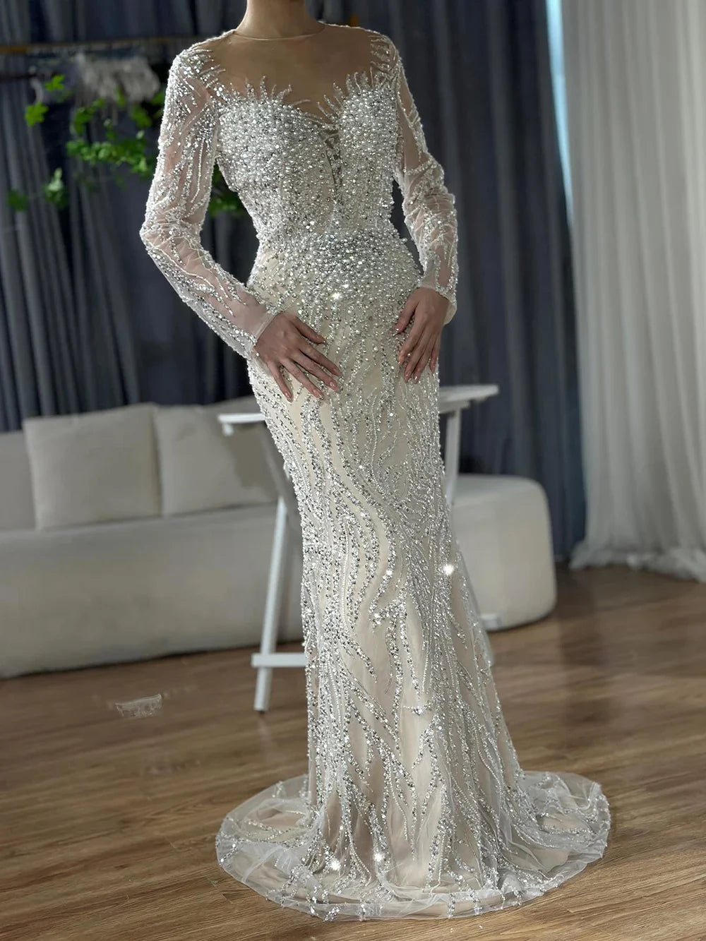 Luxury Dubai White Nude Mermaid Evening Dress With  Long Sleeve LA72634