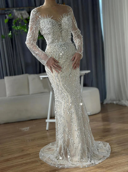 Luxury Dubai White Nude Mermaid Evening Dress With  Long Sleeve LA72634
