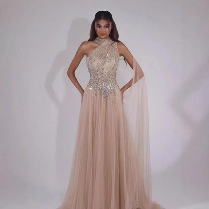 Luxury Nude  A Line One Shoulder Beaded Evening Dress LA73154