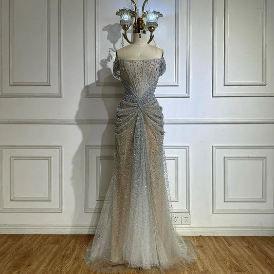 Luxury Designer Beaded Silver Nude Mermaid Evening Dress LA72905
