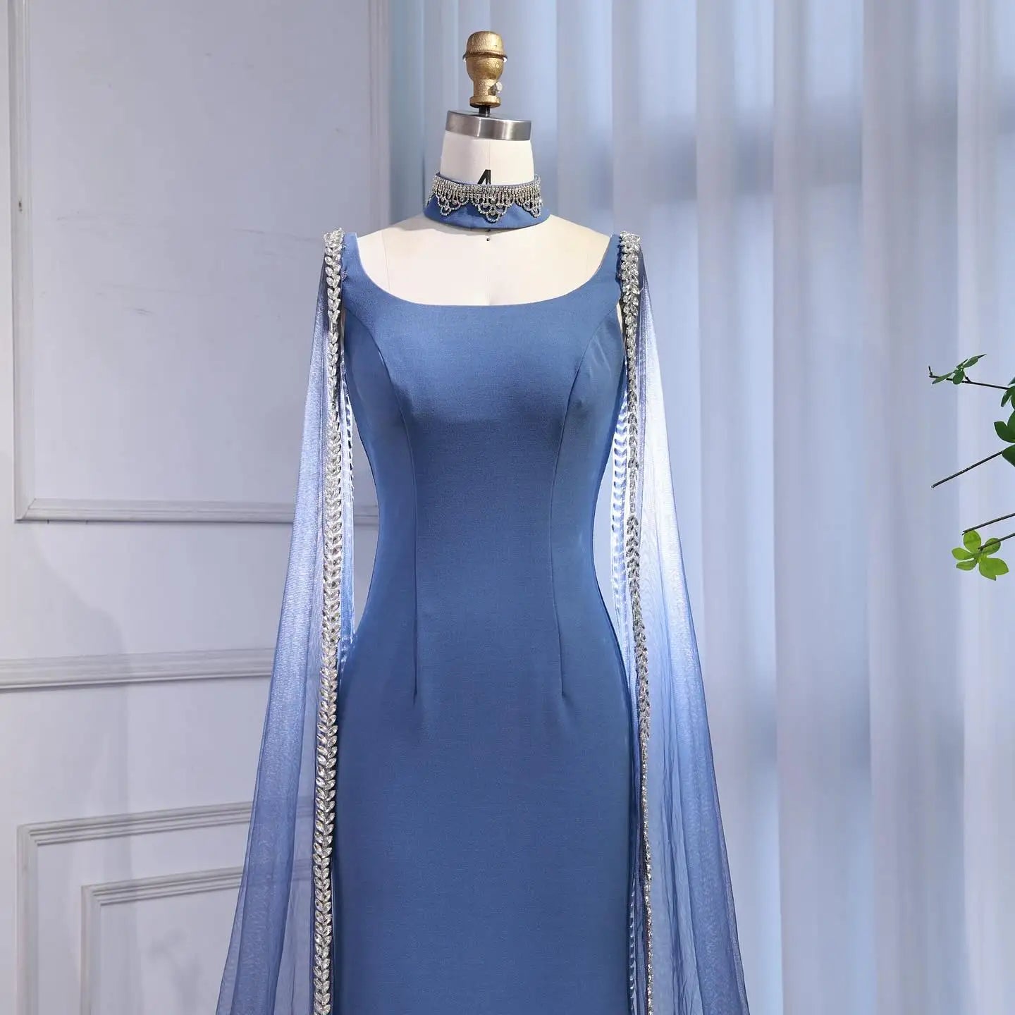 Luxury Blue Mermaid Beaded Evening Dress with Cape Sleeves LA72086